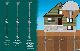 Example of helical piles supporting the foundation of a home, Vector graphic